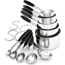 Kitchen Measuring Cups and Spoons Set of 12, 18/8 Stainless Steel Measuring Spoons and Cups with Silicone Handle, Black